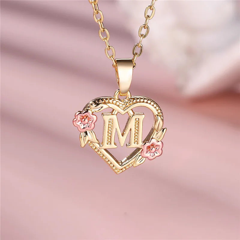 A-Z Letter Flower Pendant Necklace Yellow Gold Color Jewelry Gift For Women