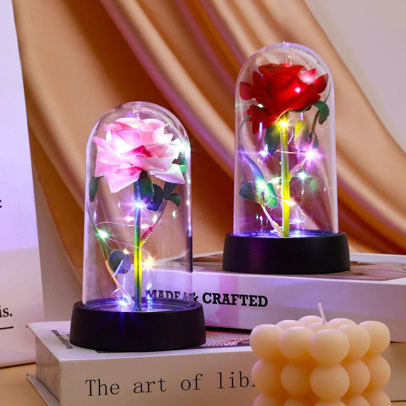 Rose Flowers LED Light Foil Flower in Glass Cover