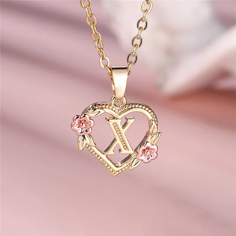 A-Z Letter Flower Pendant Necklace Yellow Gold Color Jewelry Gift For Women