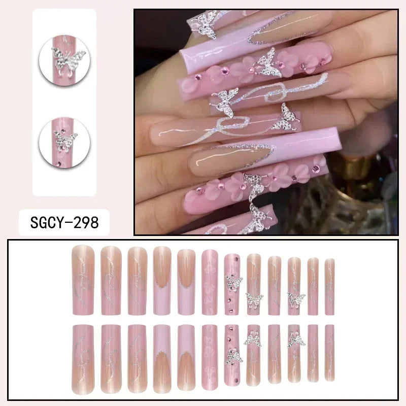 24Pcs Long Square Press on Nails Love Pattern Design Artifical Coffin False Nail Brown French Wearable Full Cover Fake Nail Tips