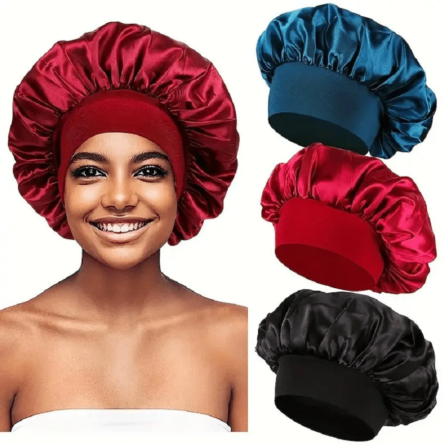 Women's Satin Solid Bonnets Wide-brimmed Night Sleeping Bathing Hat Unisex