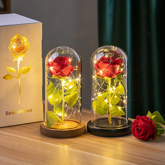 Rose Flowers LED Light Foil Flower in Glass Cover