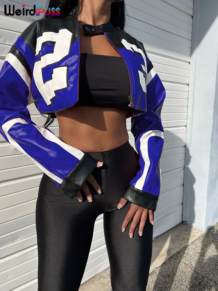 Leather Varsity Jacket Women Crop Coat