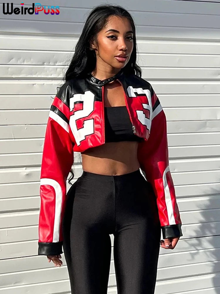 Leather Varsity Jacket Women Crop Coat