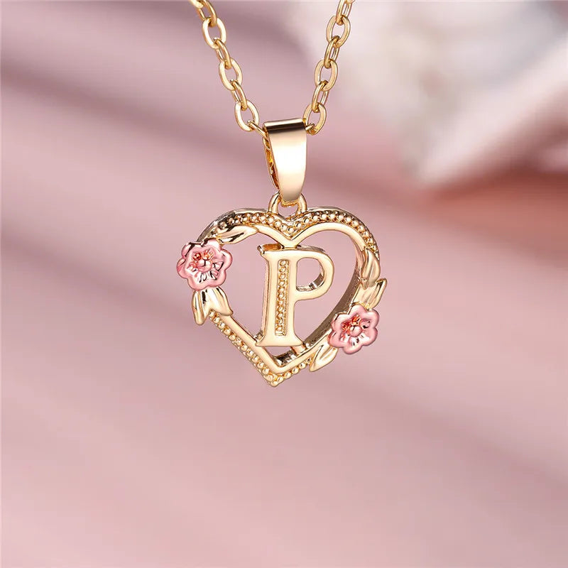 A-Z Letter Flower Pendant Necklace Yellow Gold Color Jewelry Gift For Women