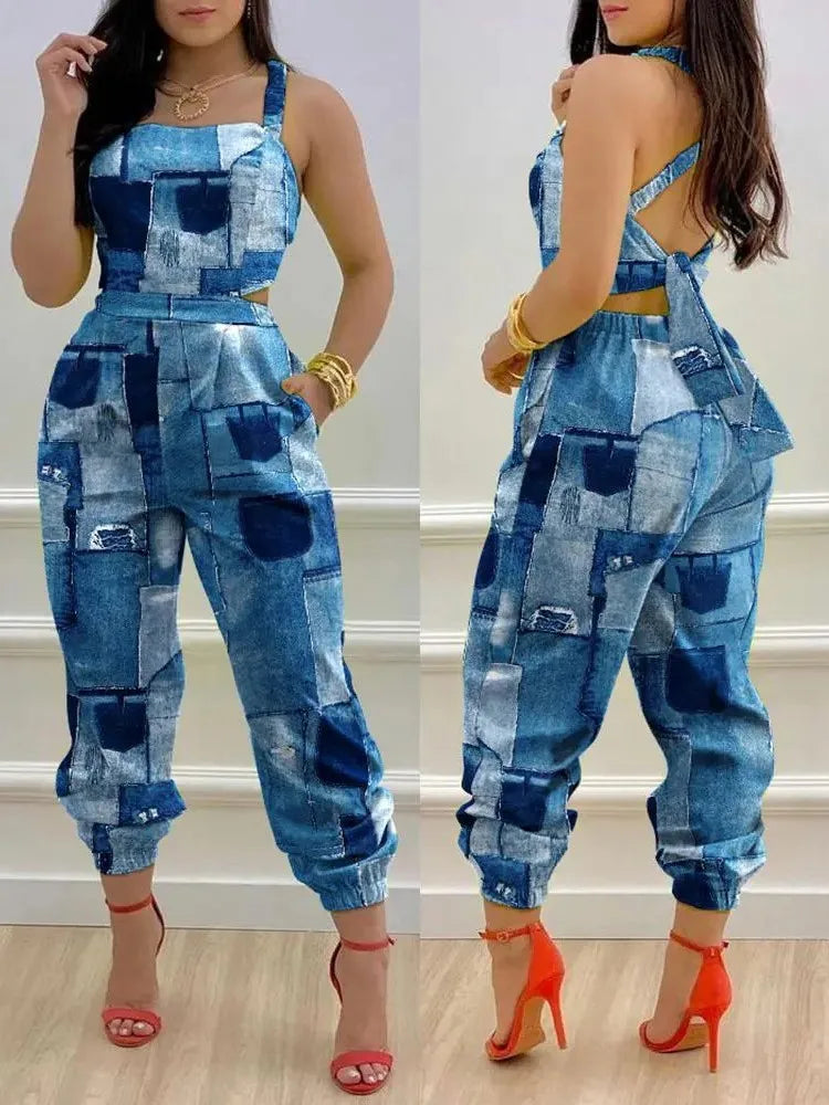 New Summer Fashion Printed Sleeveless Jumpsuit