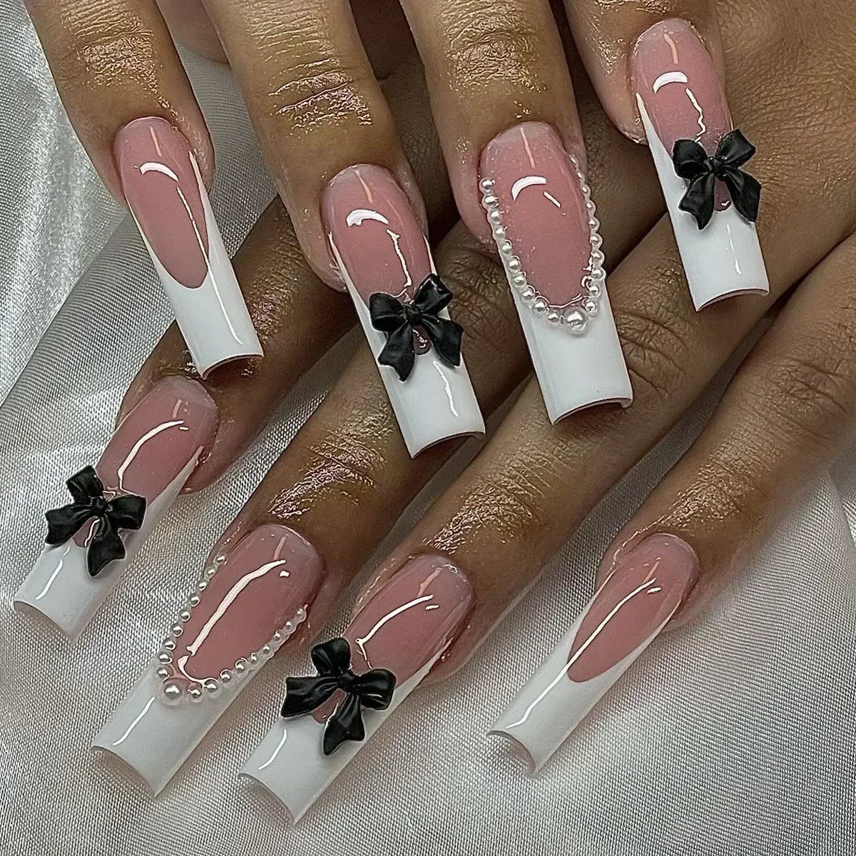 24Pcs Long Square Press on Nails Love Pattern Design Artifical Coffin False Nail Brown French Wearable Full Cover Fake Nail Tips