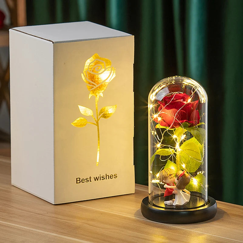 Rose Flowers LED Light Foil Flower in Glass Cover