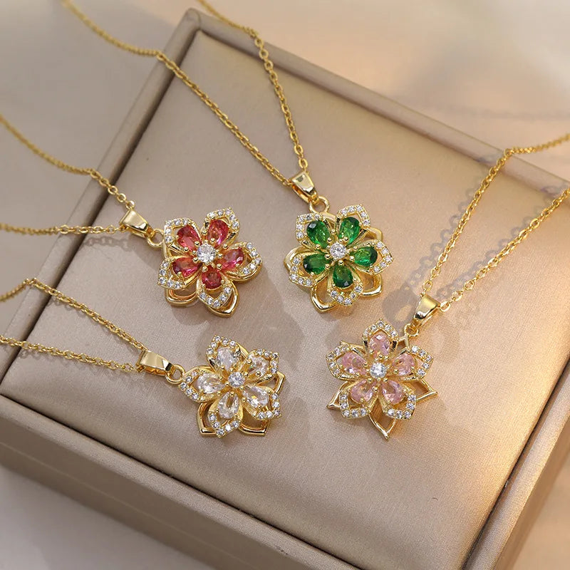 Stainless Steel Gold Plated Flower Pendant Necklace For Women Luxury Jewelry