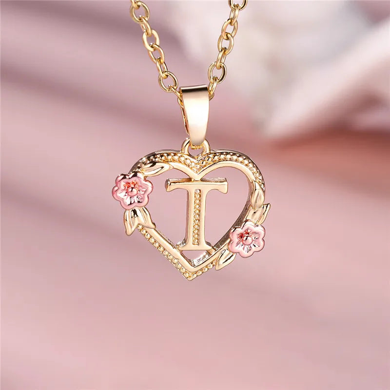 A-Z Letter Flower Pendant Necklace Yellow Gold Color Jewelry Gift For Women