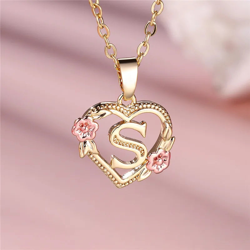 A-Z Letter Flower Pendant Necklace Yellow Gold Color Jewelry Gift For Women