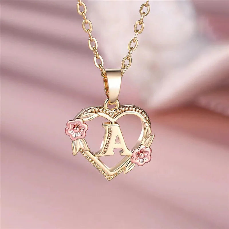 A-Z Letter Flower Pendant Necklace Yellow Gold Color Jewelry Gift For Women