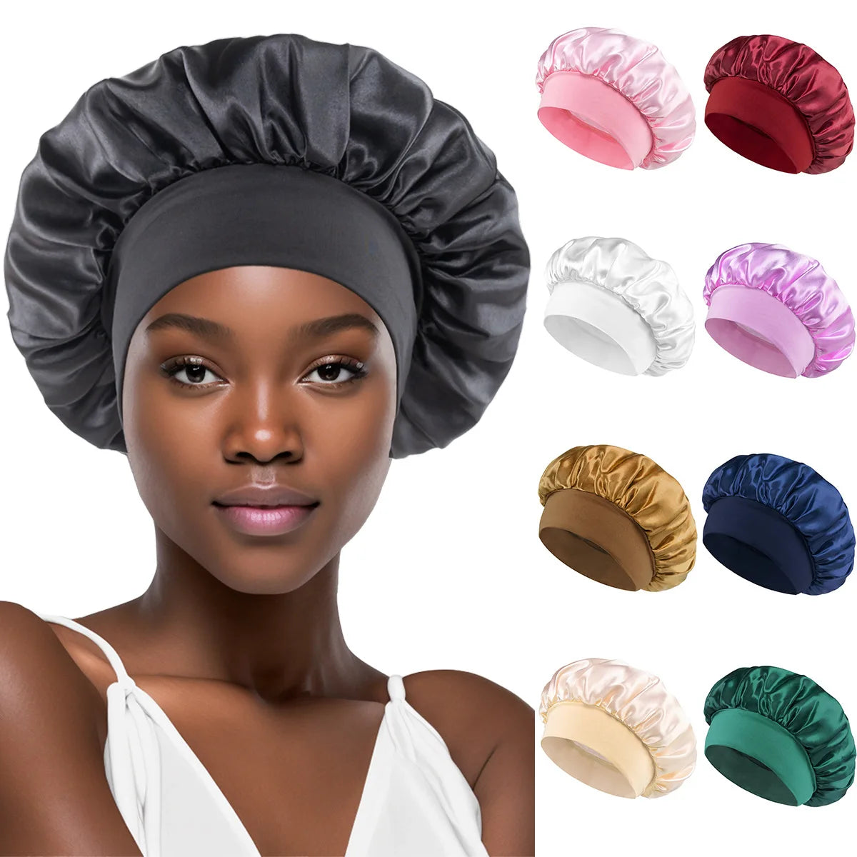 Women's Satin Solid Bonnets Wide-brimmed Night Sleeping Bathing Hat Unisex