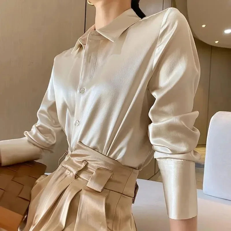 Women's Casual Elegant Satin Long Sleeved Shirt