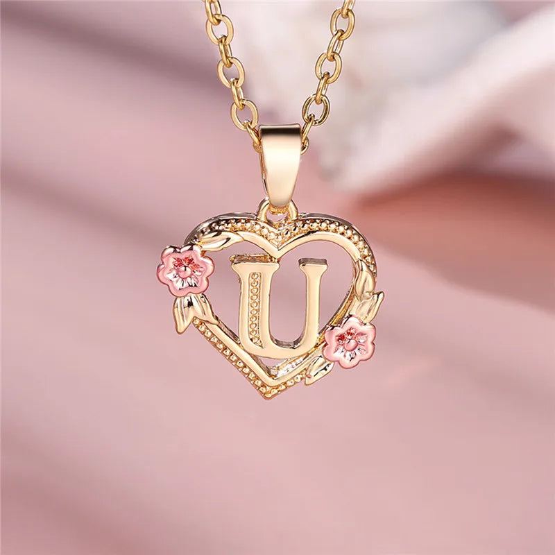 A-Z Letter Flower Pendant Necklace Yellow Gold Color Jewelry Gift For Women