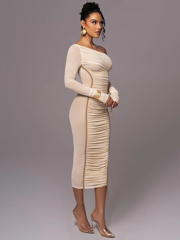 Long Sleeve Midi Dress For Women Two Layer Mesh Backless Ruched Bodycon Party Sexy Long Dress