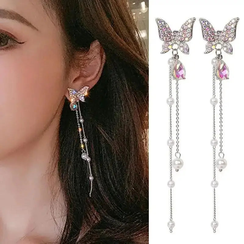 Silver Needle Purple Butterfly Long Tassel Earrings For Women