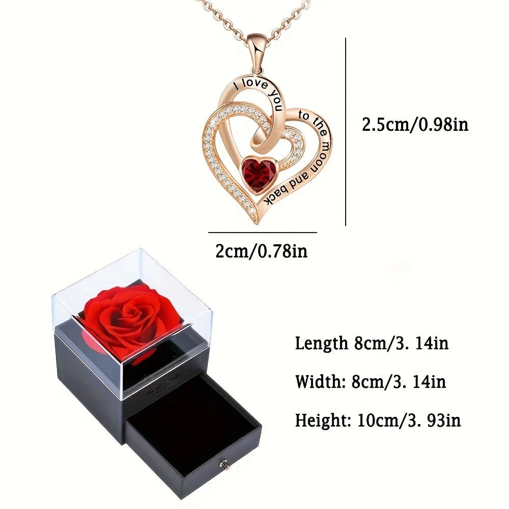 Luxury Love Heart Zircon Necklace With Rose Flower Gifts Box