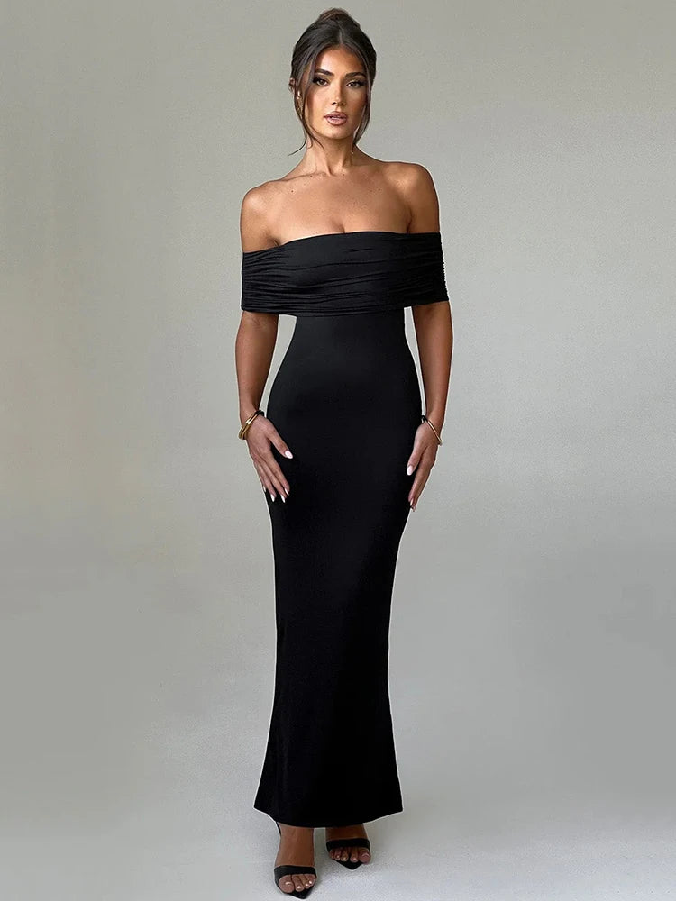 Strapless Backless Sexy Maxi Dress For Women Black Solid Off-shoulder Sleeveless